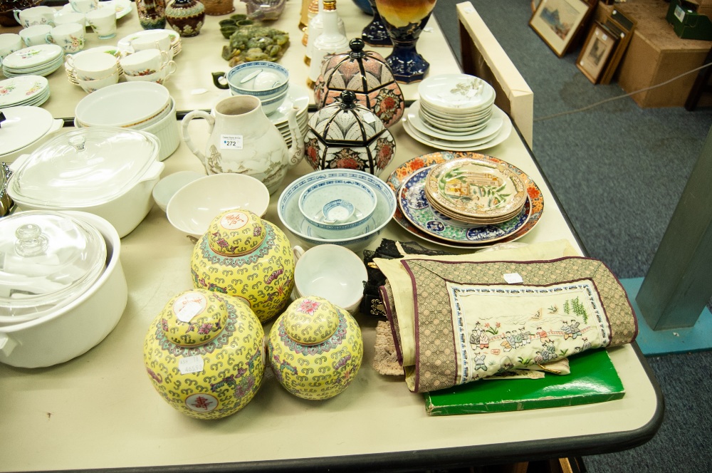 COLLECTION OF ORIENTAL CERAMICS, GINGER JARS, FANS, TEA WARES, PLATES ETC.