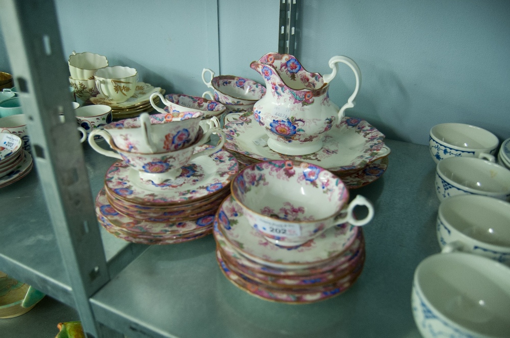 A LATE VICTORIAN CAULDRON CHINA PART TEA SERVICE WITH PRINTED AND COLOURED FLORAL DECORATION,