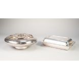 AN ELECTROPLATED ROUNDED OBLONG ENTREE DISH AND COVER, also a plated compressed circular ROSE BOWL