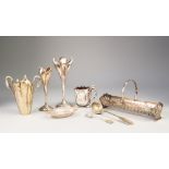 THREE ELECTROPLATED FLOWER VASES, A PLATED CREAM JUG on three ball feet etc.