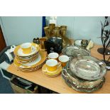 ENGRAVED ELECTROPLATE CIRCULAR PEDESTAL CAKE DISH; AN ELECTROPLATE CIRCULAR TRAY WITH WAVY BORDER,