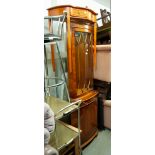 AN EARLY TWENTIETH CENTURY BEECHWOOD BOW FRONTED LOW CABINET, ALSO A REPRODUCTION YEW TREE WOOD