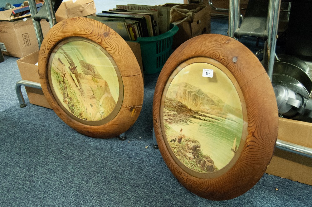 PAIR OF CIRCULAR DISHED CHROMOLITHOGRAPHIC PRINTS AFTER R. F. McIntyre IN GLAZED WOODEN FRAMES (2)