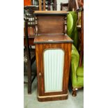 VICTORIAN AND LATER MAHOGANY POT CUPBOARD, with silk pleated front panel and later top with short