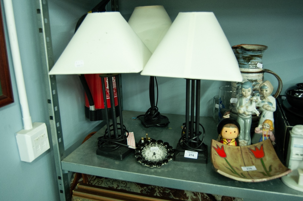 PAIR OF BLACK METAL BEDSIDE LAMPS AND SHADES AND A QUARTZ DRESSING TABLE CLOCK AND ANOTHER LAMP