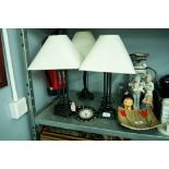 PAIR OF BLACK METAL BEDSIDE LAMPS AND SHADES AND A QUARTZ DRESSING TABLE CLOCK AND ANOTHER LAMP