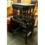 A PRIORY DARK OAK NEST OF TABLES AND A TEA TROLLEY