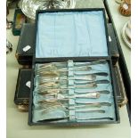 A CASED PAIR OF ELECTROPLATED BONE HANDLED FISH SERVERS, also a CASED SET OF SIX FLORAL EMBOSSED