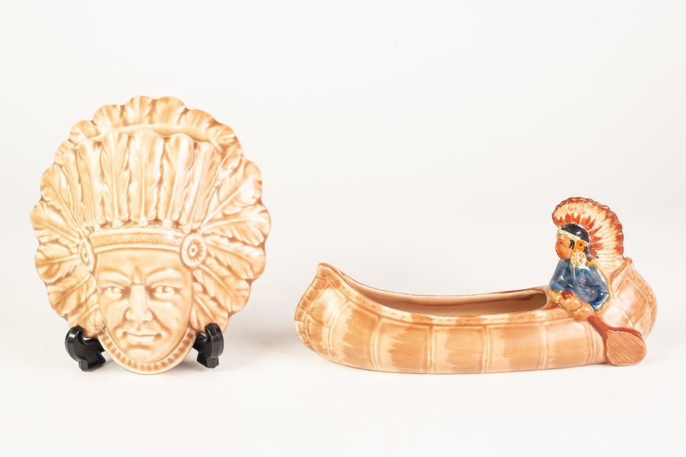 TWO PIECES OF BURLEIGH WARE POTTERY MOULDED WITH NORTH AMERICAN INDIANS, comprising: TOFFEE GLAZED