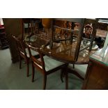 REGENCY STYLE DINING ROOM FURNITURE, COMPRISING; FOUR SINGLE CHAIRS, D-ENDED PEDESTAL DINING TABLE