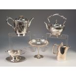 A SMALL SELECTION OF PLATED WARES TO INCLUDE; TWO TEAPOTS, HOT WATER JUG, PEDESTAL DISH, sauce