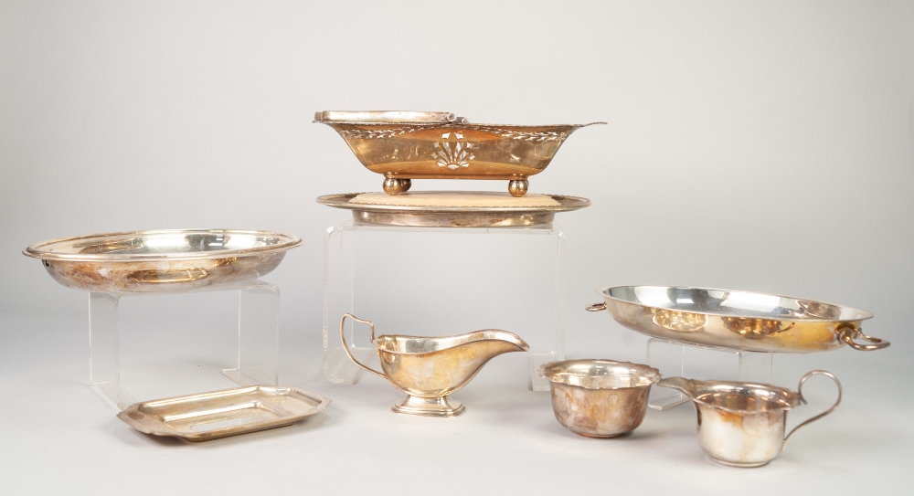 AN OVAL ELECTROPLATED ENTREE DISH AND COVER, a plated cake basket, SAUCE BOAT, BREAD PLATTER ETC....