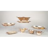 AN OVAL ELECTROPLATED ENTREE DISH AND COVER, a plated cake basket, SAUCE BOAT, BREAD PLATTER ETC....