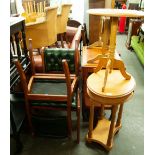 A PAIR OF MODERN SIDE CHAIRS WITH GREEN LEATHER BUTTON BACK AND SEAT, A LIGHT WOOD WINE TABLE AND