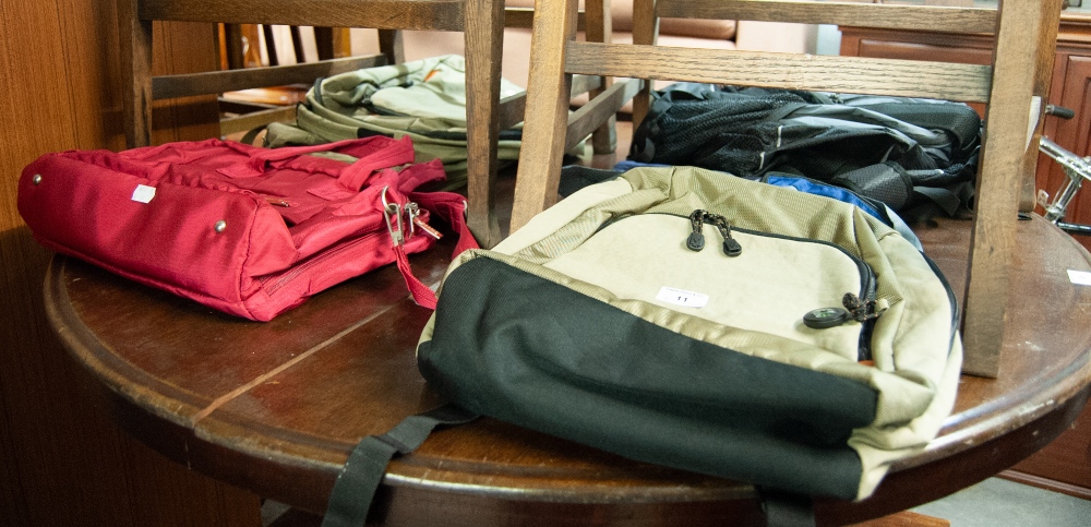 RUSKSACKS, EXPANDING TRAVEL BAGS, A CRIMSON FABRIC COVERED HAT BOX