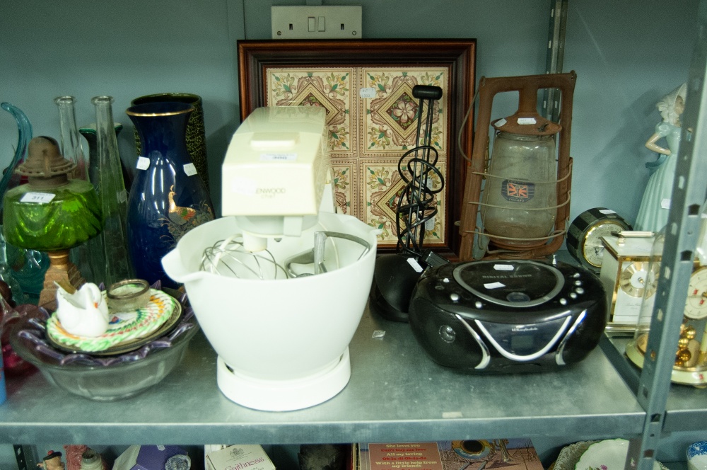 KENWOOD FOOD MIXER, WHARFEDALE CD PLAYER, OIL LAMP, THREE CLOCKS AND A TILED TRAY