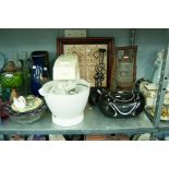 KENWOOD FOOD MIXER, WHARFEDALE CD PLAYER, OIL LAMP, THREE CLOCKS AND A TILED TRAY