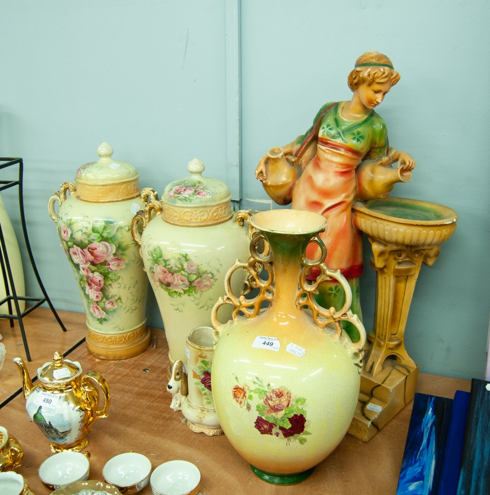 PAIR OF LATE VICTORIAN POTTERY TWO HANDLED VASE AND COVERS, printed with roses, 17 1/2" high, 'St.