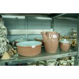 LANGLEY WARE PALE BLUE AND BROWN TEAPOT, SUGAR BASIN, THREE TUREENS AND A MEAT DISH