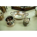 A WALKER AND HALL ELECTROPLATE TWO HANDLED DISH, AN ELECTROPLATE VASE AND A SMALL EP TANKARD (3)