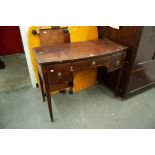 A NINETEENTH CENTURY INLAID MAHOGANY SHALLOW BOW FRONT SIDE TABLE, WITH THREE DRAWERS (A.F.)