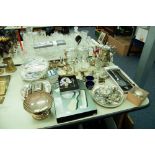 COLLECTION OF SILVER PLATED WARE TO INCLUDE, COFFEE AND TEAPOT, CANDLE STANDS, DRESSING TABLE SET,