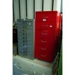 A GREY METAL TEN DRAWER FILING CHEST AND A SIMILAR RED SIX DRAWER CHEST