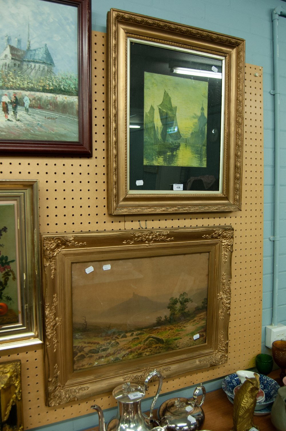 TWO GILT FRAMED COLOUR PRINTS, ONE OF A RURAL SCENE WITH CASTLE IN DISTANCE AND ANOTHER OF '