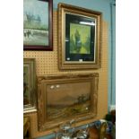 TWO GILT FRAMED COLOUR PRINTS, ONE OF A RURAL SCENE WITH CASTLE IN DISTANCE AND ANOTHER OF '