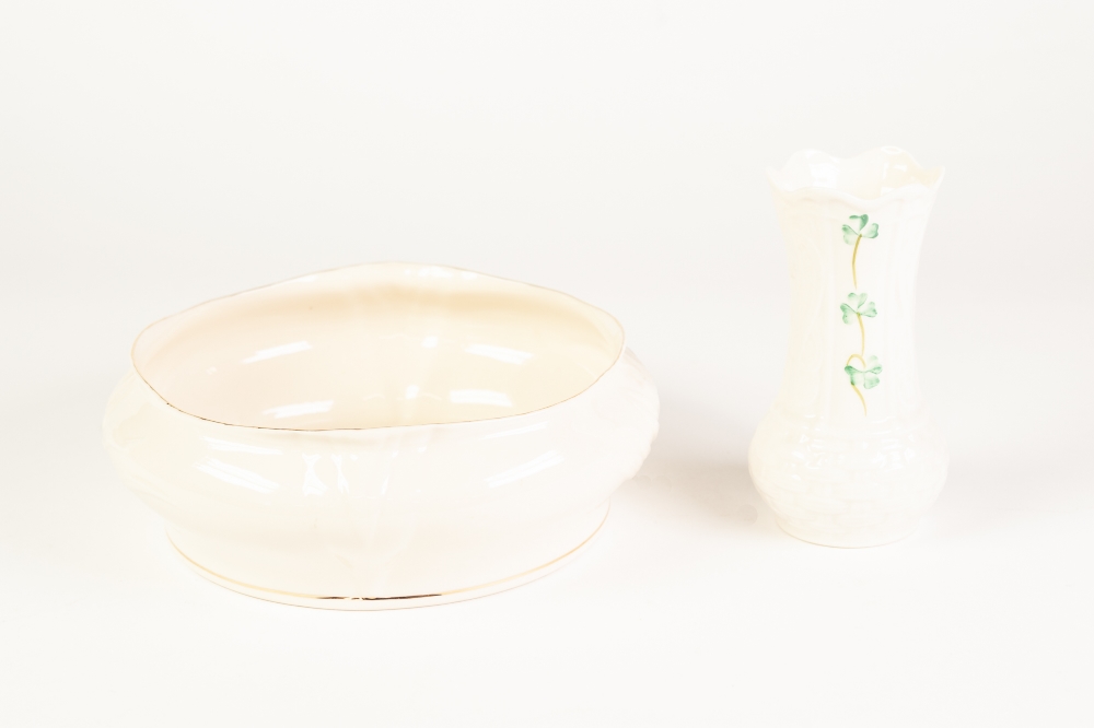 TWO PIECES OF BELLEEK PORCELAIN, comprising: SHALLOW BOWL, floral moulded and with gilt lined