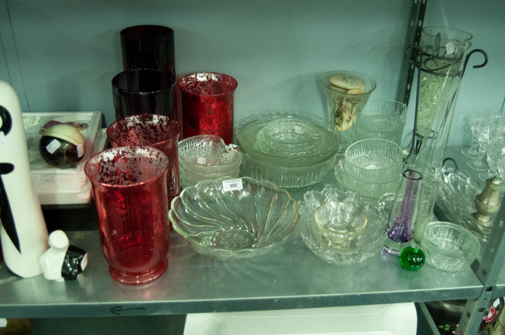 QUANTITY OF GLASSWARES, FRUITS BOWLS, VASES, DESSERT DISHES ETC