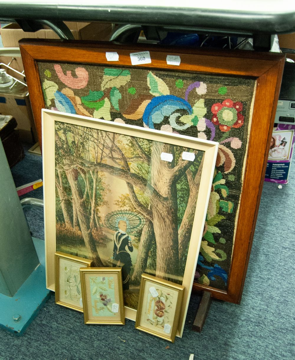 OAK FRAMED FIRE SCREEN WITH FLORAL WOOLWORK CENTRE, together with a VICTORIAN WATERCOLOUR AND