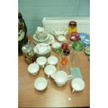 A 1960'S SHELLEY PORCELAIN TEA SERVICE CUT AND HARLEQUIN FLASHED DRINKING GLASSES ETC