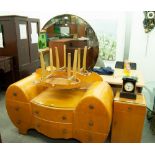 A GOOD QUALITY BIRDSEYE MAPLE ART DECO DRESSING TABLE, WITH OVAL SHAPED PEDESTALS OF THREE DRAWERS