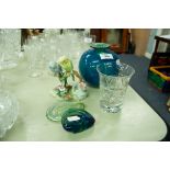 A MDINA BLUE GLASS VASE, TWO ORNAMENTS AND A DRINKING GLASS (4)