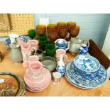 DOMESTIC POTTERY AND GLASS TO INCLUDE; COLOURED GLASS GOBLETS, BLUE AND WHITE WARES, PEWTER TEA