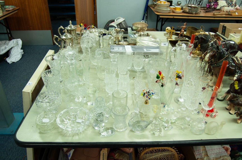 QUANTITY OF GLASS WARES, DECANTER, BOWLS, EMPRESS QUARTZ CLOCK, ETC.....