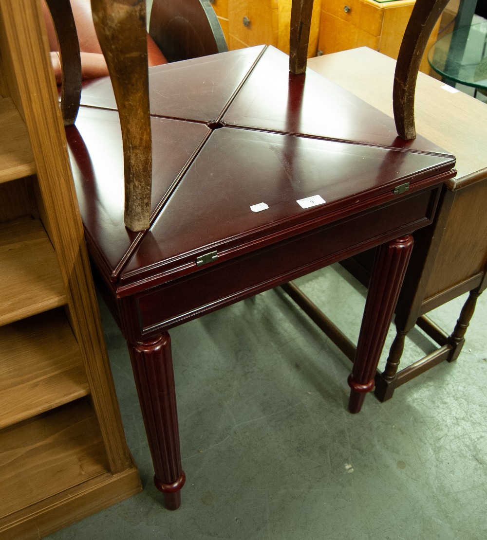 A MODERN RED MAHOGANY ENVELOPE CARD TABLE, A DARK OAK TABLE WITH SINGLE DRAWER