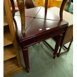 A MODERN RED MAHOGANY ENVELOPE CARD TABLE, A DARK OAK TABLE WITH SINGLE DRAWER