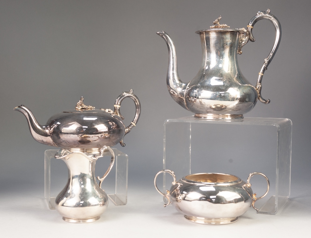 A LATE VICTORIAN/EDWARDIAN ELECTROPLATED FOUR PIECE TEA AND COFFEE SERVICE, the cover with floral
