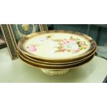 A SET OF EARLY TWENTIETH CENTURY PAINTED DESSERT PLATES WITH YELLOW GROUND AND HAND PAINTED FLOWERS,