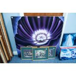 OIL PAINTING ON FRAMELESS CANVAS, LARGE PURPLE FLOWER, 39" SQUARE AND THREE SMALL PICTORIAL WALL