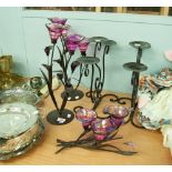 PAIR OF BLACK WROUGHT IRON PLANT FORM THREE LIGHT CANDELABRA WITH PURPLE GLASS SCONCES AND THE