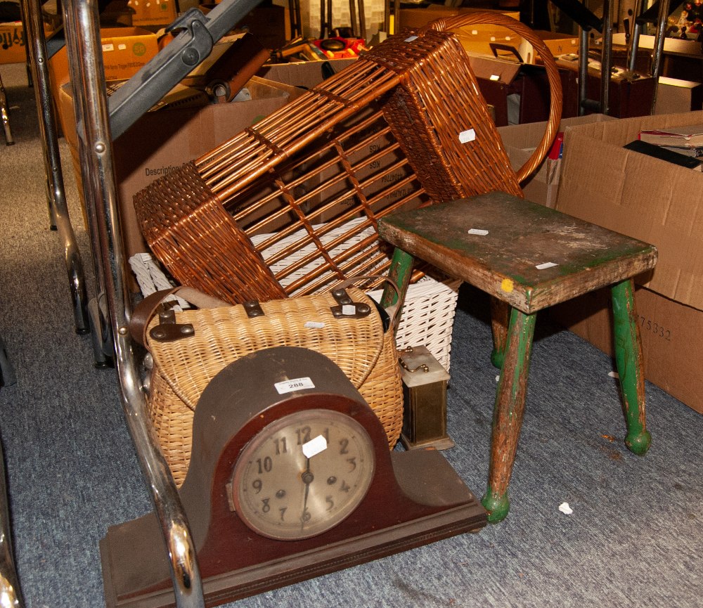 A NAPOLEONS HAT SHAPED MANTEL CLOCK , A WICKER BASKET AND A BAG AND A WOODEN SMALL STOOL