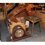 A NAPOLEONS HAT SHAPED MANTEL CLOCK , A WICKER BASKET AND A BAG AND A WOODEN SMALL STOOL