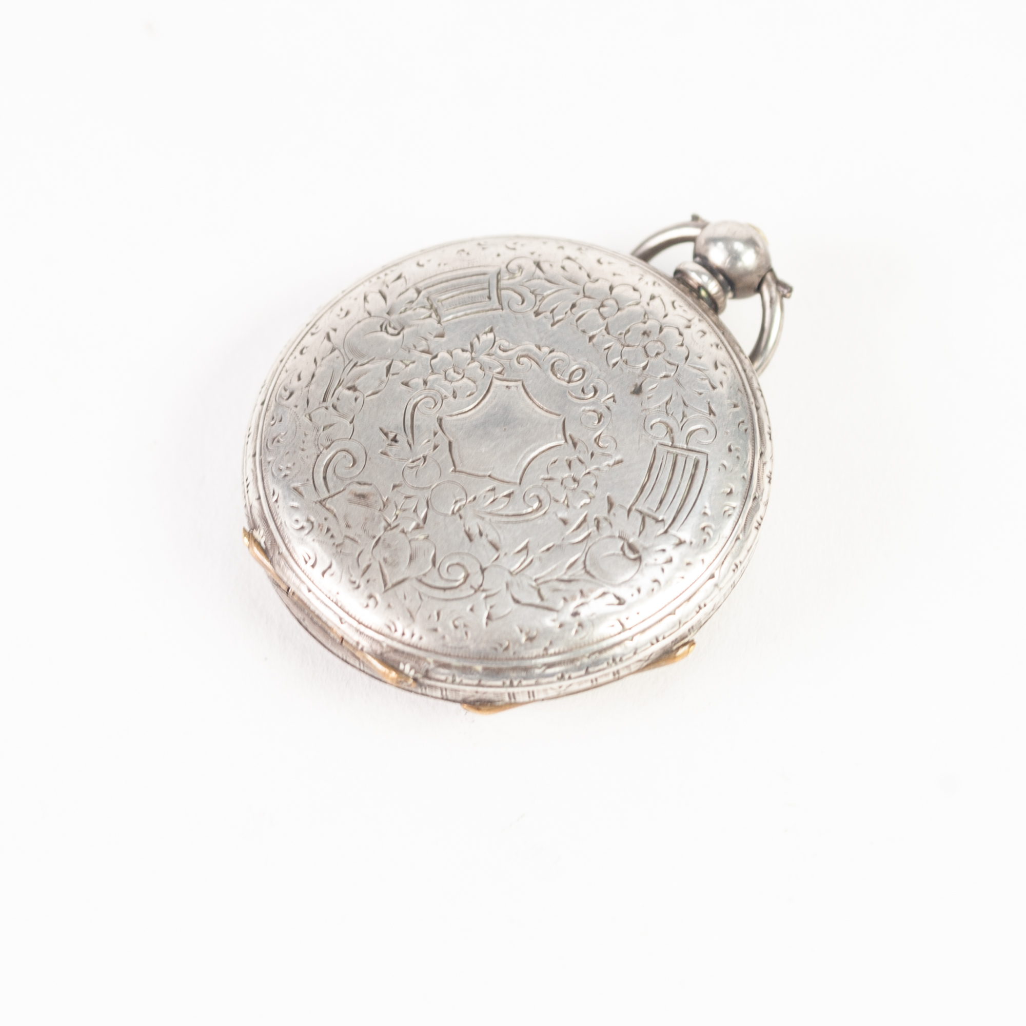 LADY'S OPEN FACED POCKET WATCH WITH KEY WIND MOVEMENT, the engraved case mark 'Fine Silver', the