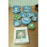 TWO WEDGWOOD PALE BLUE AND WHITE JASPERWARE LARGE TRINKET BOXES, A VASE, PAIR OF SMALL OBLONG