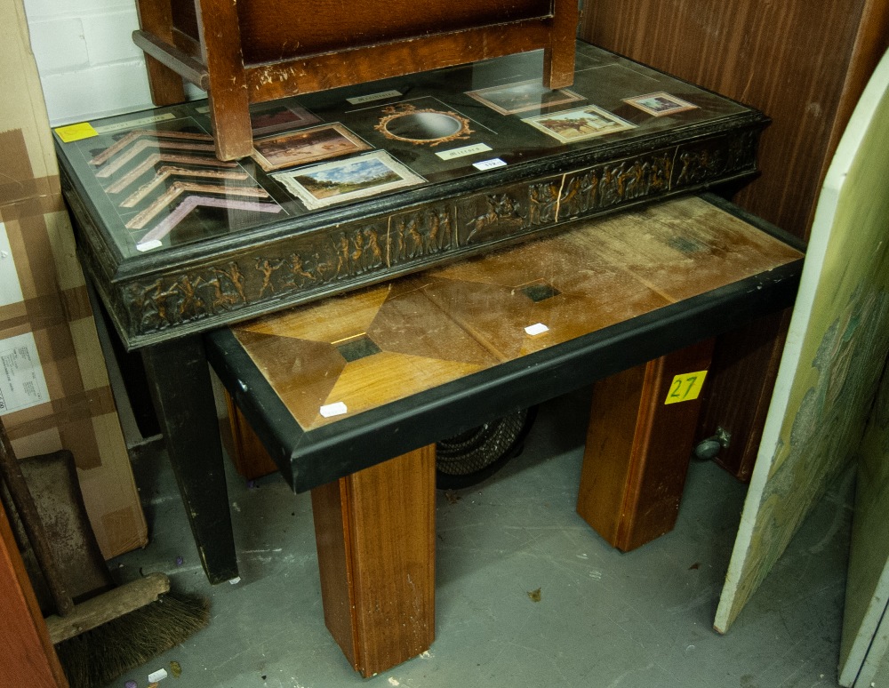 A WOODEN OBLONG COFFEE TABLE WITH INSET GLASS TOP AND A SQUARE COFFEE TABLE WITH GLASS INSET TOP (2)