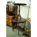 A MAHOGANY OCCASIONAL TABLE WITH SHAPED TOP AND UNDERTIER AND AN OAK CIRCUALR TILT TOP TRIPOD