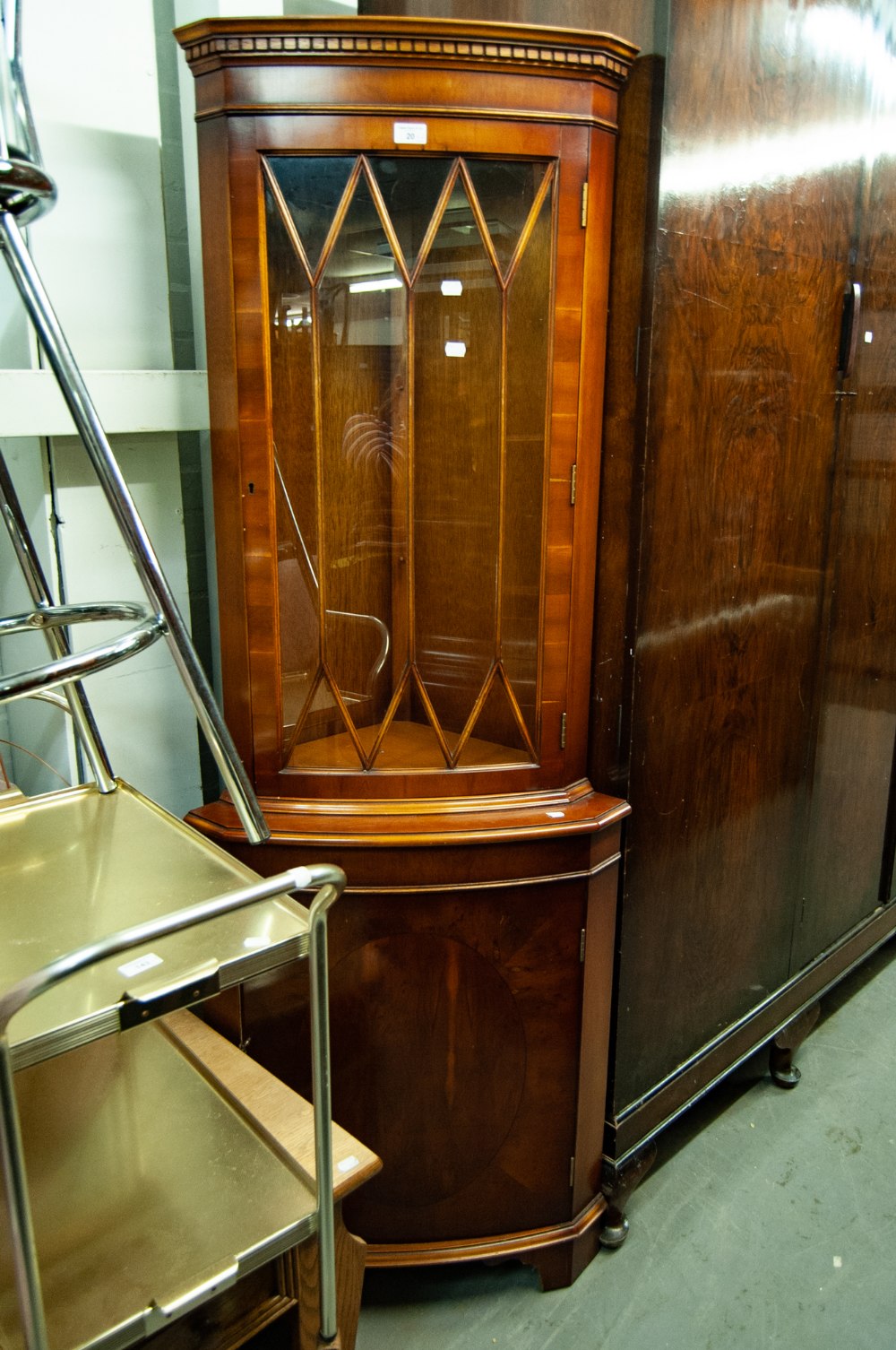 AN EARLY TWENTIETH CENTURY BEECHWOOD BOW FRONTED LOW CABINET, ALSO A REPRODUCTION YEW TREE WOOD